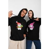 TrendSeninle Siyah Unisex Ikili Yeniyıl Kardan Adam Baskılı Oversize Kapşonlu Sweatshirt Hoodie SİYAH11 L/XL