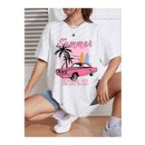 Trendseninle Summer Racing Car Baskılı Beyaz Oversize Kadın T-shirt