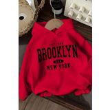 Trendseninle Unisex 3 Iplik Kırmızı Oversize Brooklyn Usa Newyork Baskılı Kapüşonlu Sweatshirt Hoodie M Ts-Usabrkllyns