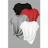TrendSeninle Unisex 4Lü Paket Düz Oversize Tişört Siyah Kırmızı Gri Beyaz SiyahKırmızıGriBeyaz S