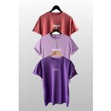 Trendseninle Unisex Brooklyn Baskılı 3'lü Paket Gül Kurusu-Lila-Mor T-Shirt, L