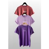 Trendseninle Unisex Brooklyn Baskılı 3'lü Paket Gül Kurusu-Lila-Mor T-Shirt, S