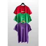 Trendseninle Unisex Brooklyn Baskılı 3'lü Paket Kırmızı-Yeşil-Mor T-Shirt, M