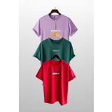 Trendseninle Unisex Brooklyn Baskılı 3'lü Paket Lila-Nefti Yeşil-Kırmızı T-Shirt, M