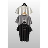 Trendseninle Unisex Brooklyn Baskılı 3'lü Paket Siyah-Beyaz-Gri T-Shirt, L