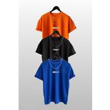 Trendseninle Unisex Brooklyn Baskılı 3'lü Paket Turuncu-Siyah-Mavi T-Shirt, M
