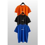 Trendseninle Unisex Brooklyn Baskılı 3'lü Paket Turuncu-Siyah-Mavi T-Shirt, XL