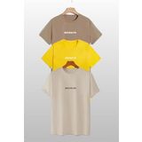 Trendseninle Unisex Brooklyn Baskılı 3'lü Paket Vizon-Sarı-Bej T-Shirt, M