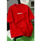 Trendseninle Unisex Erkek/Kadın Kırmızı BROOKLYN Renkli Özel Baskı Oversize Pamuklu Bisiklet Yaka T-Shirt Tişört, L