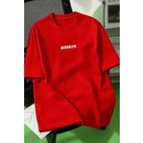 Trendseninle Unisex Erkek/Kadın Kırmızı BROOKLYN Renkli Özel Baskı Oversize Pamuklu Bisiklet Yaka T-Shirt Tişört, XL
