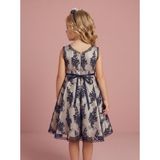 Trendshen Kız Çocuk Taç Hediyeli Dantel Nakışlı Abiye Elbise - Lacivert Krem Çiçekli Doğum Günü ve Düğün Elbisesi - 5 Yaş