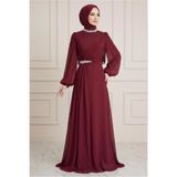TRENDTESETTÜR KADIN BORDO TAŞ DETAYLI ŞİFON ABİYE ELBİSE T 6363