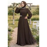 TRENDTESETTÜR KADIN KAHVE TAŞ DETAYLI ŞİFON ABİYE ELBİSE T 6363