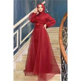 TRENDTESETTÜR Kadın Kırmızı Kuşaklı Tüllü Abiye Elbise T 4693