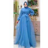 TRENDTESETTÜR Kadın Lacivert (İNDİGO) Kuşaklı Tüllü Abiye Elbise T 4693