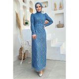 TRENDTESETTÜR KADIN LACİVERT (İNDİGO) SİMLİ ABİYE ELBİSE T 0411