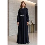 TRENDTESETTÜR KADIN SİYAH TAŞ DETAYLI ŞİFON ABİYE ELBİSE T 6363