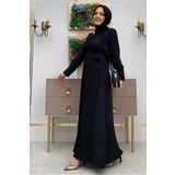 TRENDTESETTÜR Kadın Siyah Yakası Taşlı Piliseli Elbise T 5283