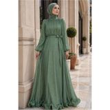 TRENDTESETTÜR KADIN YEŞİL (ÇAĞLA) KUŞAKLI SATEN ABİYE ELBİSE T 8726