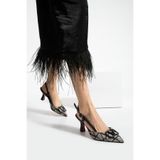 TrendWalk Gold Toka Detaylı Denim Görünümlü İnce Topuklu Slingback Ayakkabı 7cm Topuk