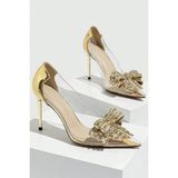 Trendy Anka Lady Princess Gold Altın Şeffaf Nude Fiyonk Toka Taşlı 8 cm Ince Topuklu Düğün Nişan Abiye Ayakkabı