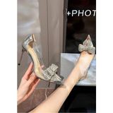 Trendy Anka Lady Princess Gümüş Şeffaf Nude Fiyonk Toka Taşlı 8 cm Ince Topuklu Düğün Nişan Abiye Ayakkabı