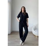 TrendyFashion Kadın Siyah Modal Kumaş Kısa Kolu Eşofman Takımı