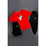 Trendypassion 3'lü Unisex Astranot Baskılı Eşofman Takımı Kombini - Kırmızı