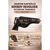 Trendzone Mantar Kapsüllü Kovboy Revolver Metal Tabanca Kılıflı | Sesli Patlama Efektli Döner Tamburlu Silah - Açık Kahverengi