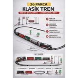 Trendzone Pilli Sesli Işıklı 26 Parça Klasik Tren Seti | Oval Raylı Tren Oyuncak - Siyah - Gri