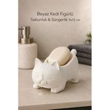 Trezon Beyaz Kedi Figürlü Sabunluk & Süngerlik 9X13 Cm – Çok Amaçlı Şık Banyo Ve Mutfak Organizer