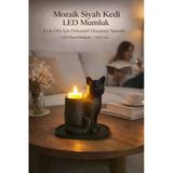 Trezon Siyah Mozaik Dekoratif Kedi Biblo Led Mumlu Şık Ev Ofis Masaüstü Mumluk (Led Mum Hediye) 14 X 12