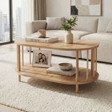 tridihome Iskandinav Tarzı Masif Ahşap Oval Orta Sehpa Çift Katlı Raflı Salon Ofis Sehpası 50X90X43 cm - kahverengi
