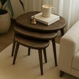 Trihome 3 Lü Masif Ahşap Zigon Sehpa Seti Doğal ve Modern Yan Sehpa - koyu ceviz-acı kahve