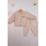 Triko Hırka Pantolon Ikili Fiyonklu Kız Bebek Takım 2792 - 12 - 18 Ay - Bej