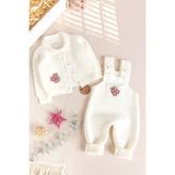 Triko Kışlık Kız Bebek Salopet Takım Tulum Set - Krem - 9 Ay