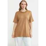 Triko Yaka Kombinli Kısa Kol Bluz - Kamel