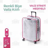 Trink Çanta Şeffaf Valiz Kılıfı Ve Bavul Koruyucu Kılıf Renkli Biye ORTA * PEMBE * - 7F8-Pembe - Orta Boy