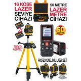 Tripodlu 16 Köşe Çizgi Hizalama Lazer Hizalama Cihazı + 50 Metre Yüksek Hassasiyet Lazer Metre Ölçer