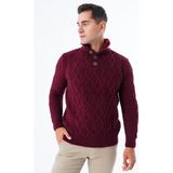 Trist Star Bordo Erkek Kürklü Dik Yaka Kısa Patlı Düğmeli Yürütme Saç Örgülü Triko Örme Kazak TRIST-5345 - 2XL