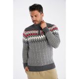 Trist Star Erkek Gri Dik Yaka Fermuarlı Saç Örgülü Jakarlı Desenli Triko Yün Kazak TRIST-5323 - 2XL