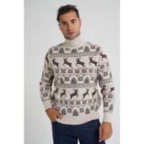 Trist Star Erkek Tam Balıkçı Yaka Jakarlı Geyikli Yün Yılbaşı Kazak TRIST-5361 - Bej - 2XL
