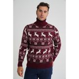 Trist Star Erkek Tam Balıkçı Yaka Jakarlı Geyikli Yün Yılbaşı Kazak TRIST-5361 - Bordo - XL