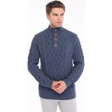 Trist Star Indigo Erkek %80 Yün %20 Akrilik Saç Örgü ve Baklava Desenli Düğmeli Dik Yaka Triko Kazak TRIST-5374 - 2XL