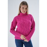 Trist Star Kadın Fuşya Oversize Balıkçı Yaka Selanik Saç Örgülü Yün Özel Iplik Triko Örme Kazak TRIST-6163 - L - XL