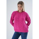 Trist Star Kadın Fuşya Oversize Bisiklet Yaka Saç Örgülü Yünlü Özel Iplik Triko Örme Kazak TRIST-6167 - L - XL