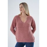 Trist Star Kadın Gül Kurusu Oversize V Yaka Nopen Selanik Örgü Yünlü Özel Iplik Triko Örme Kazak TRIST-6160 - L - XL
