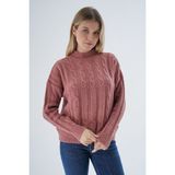 Trist Star Kadın Gül Kurusu Oversize Yarım Balıkçı Saç Örgülü Yünlü Özel Iplik Triko Örme Kazak TRIST-6158 - L - XL