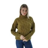 TRİST STAR Kadın Olive Oversize Balıkçı Yaka Selanik Saç Örgülü Yün Özel İplik Triko Örme Kazak TRIST-6163