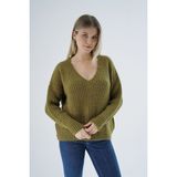 Trist Star Kadın Olive Oversize V Yaka Nopen Selanik Örgü Yünlü Özel Iplik Triko Örme Kazak TRIST-6160 - L - XL